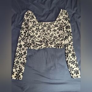 Romwe Long Sleeve Floral Mesh Crop Top